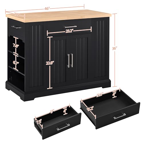Yaheetech Rolling Kitchen Island Cart with 3 Drawers & Open Shelves, Black | Mobile Kitchen Island with Storage on Wheels with Adjustable Shelves, Thicke Rubberwood Top, for Dining Room/Living Room - color: Black