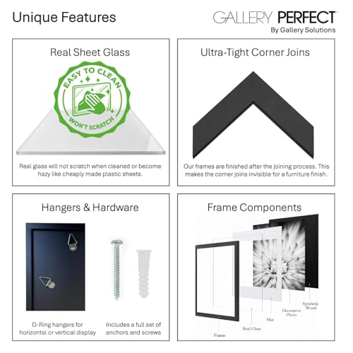 Gallery Perfect 12-Piece Black Photo Frame Set with Hanging Template - 12x12 Picture Frame Matted to 8x8 - Gallery Wall Kit - color: Black