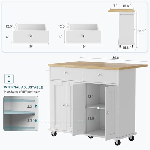 Shintenchi Kitchen Island with Drop Leaf, Rolling Kitchen Cart with Storage on Wheels, Table Bar Cart for Kitchen with Towel Rack & Seating Area for Dining Room, White - color: White