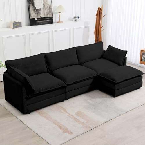 ROWHY 112'' Modular Sectional Cloud Couch with Movable Ottoman, 4 Seat Modern Corduroy Sofa, Deep Seat L Shaped Couch for Living Room Bedroom Apartment,Black - color: Black, size: 112''
