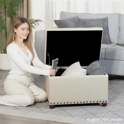 Ottoman with Storage,24" Fabric Ottoman Foot Rest with Hinged Lid Small Rectangle Upholstered Button Tufted Foot Stools Ottomans for Bedroom Living Room Entryway,Beige - color: Beige,bronze Rivets