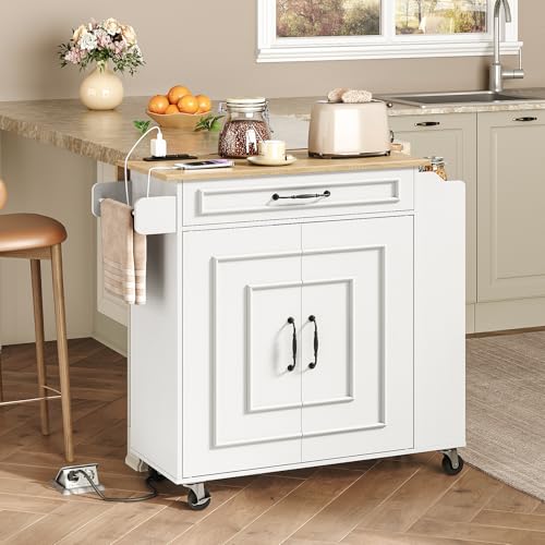 Kitchen Island with Power Outlets & Drop Leaf, Rolling Kitchen Cart on Wheels, Kitchen Storage Island with Spice Rack and Drawer, Mobile Island Table for Kitchen, Dinning, White and Natural - color: White + Natural