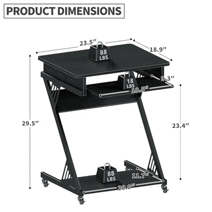 ALISENED Computer Desk for Small Spaces Compact Desk with Keyboard Tray | 23.6" Z-Shaped, with Wheels and Bottom Shelves, for Home Office, Computer Cart Mobile Laptop Cart, Black - color: Black