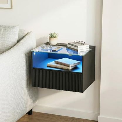 Arbuxzuy Floating Nightstand Set of 2 with Charging Station and Drawer | Black Modern Wall Mounted Bedside Table set owith Open Shelf, Floating Nightstand Made of Minimalist Wood & Glass for Bedrom