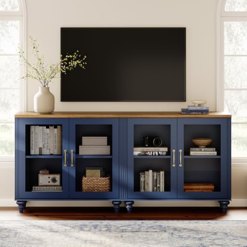WAMPAT Farmhouse TV Stand for TVs Up to 75 inch, Glass Wooden Universal TV Stand with 2 Storage Cabinets, Entertainment Center, Console Table for Living Room, Bedroom, Navy Blue - color: Navy Blue-a, size: 2