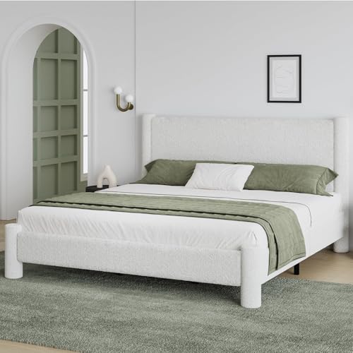 REVOMINCA King Boucle Bed Frame with Headboard, White | Upholstered platform bed frame has soft rounded corners, no box spring required and easy assembly. - color: White, size: King