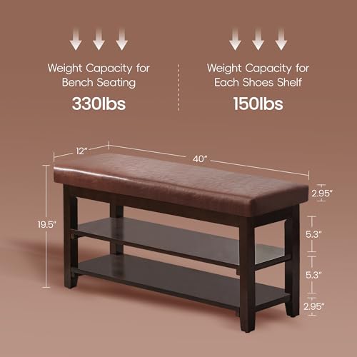 40" Entryway Bench, Shoe Storage Bench, Brown | Leather Cushion, Shoe Rack, End of Bed Bench for Front Door Entrance, Mudroom - color: Brown