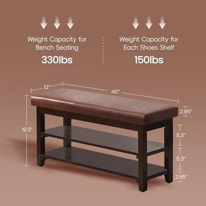 40" Entryway Bench, Shoe Storage Bench, Brown | Leather Cushion, Shoe Rack, End of Bed Bench for Front Door Entrance, Mudroom - color: Brown