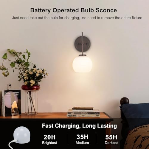 Oil Rubbed Bronze Wireless Rechargeable Wall Sconces Set of 2, Battery Operated Wall Lights with Remote Control, LED Dimmable Wall Lamp with Opal White Glass Shade, 12 Colors RGB & 3 CCT Bulb - color: Oil Rubbed Bronze & Opal Glass, size: Battery 12 Inch