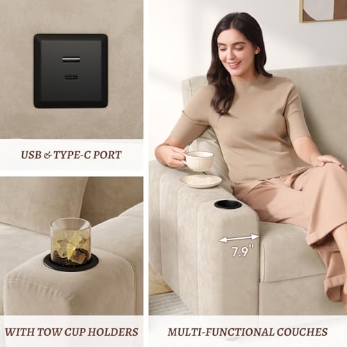 COPIAE Loveseat Sofa, Larger Couch Velvet Fabric with Storage, Charging Ports, Heightened Backrests, Removable Cover Modern Comfy Couches Easy Assembly for Living Room, 88 Inch Beige - color: Beige
