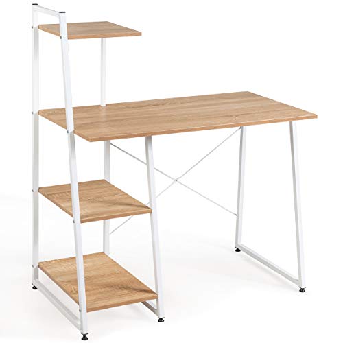 Tangkula Computer Desk with 4 Tier Shelves, Writing Desk Study Desk, Compact Computer Desk Workstation with X-Shaped Metal Frame & Adjustable Foot Pads, Home Office Desk (Natural) - color: Natural & White