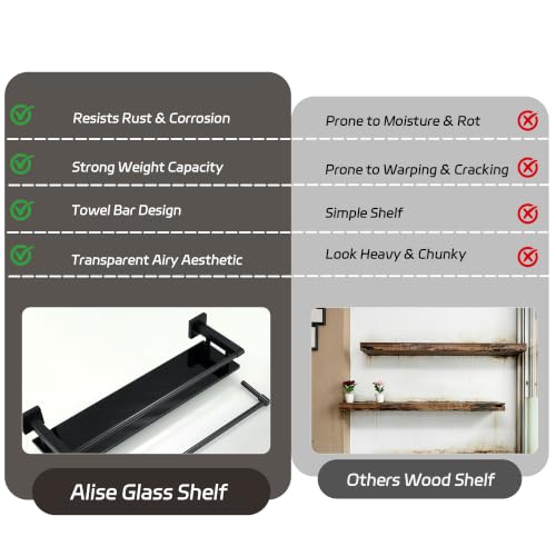 Alise Bathroom Shelf with Towel Bar, 20 Inch Matte Black Glass Shelf | Tempered Glass Bathroom Shelves for Wall Mounted, Modern Glass Shelf with 304 Stainless Steel Railing - color: Matte Black, size: 20 In