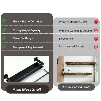 Alise Bathroom Shelf with Towel Bar, 20 Inch Matte Black Glass Shelf | Tempered Glass Bathroom Shelves for Wall Mounted, Modern Glass Shelf with 304 Stainless Steel Railing - color: Matte Black, size: 20 In