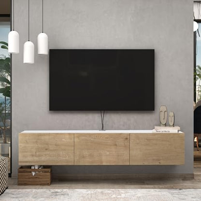 Atelier Mobili Oak TV Console, Wall Mounted TV Stand for Up to 75 Inch TV, Entertainment Center with Floating Shelf - color: Sapphire Oak & White