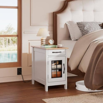 WLIVE End Table with Charging Station, Narrow Side Table for Living Room, Farmhouse Night Stand with Storage, Small Wooden Cabinet Nightstand with USB Ports and Outlets, 23.62" D x 13.78" W x 23.62" H - color: White