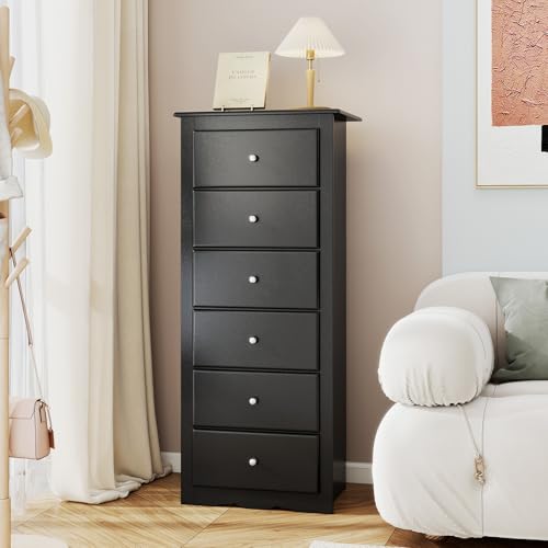 GIANTEX 6-Drawer Dresser for Bedroom, Wooden Chest of Drawers w/Metal Handles & Large Capacity, 16" D x 23.5" W x 53.5" H Clothes Organizer, Modern Tall Dresser for Bedroom, Entryway, Living Room - color: Black
