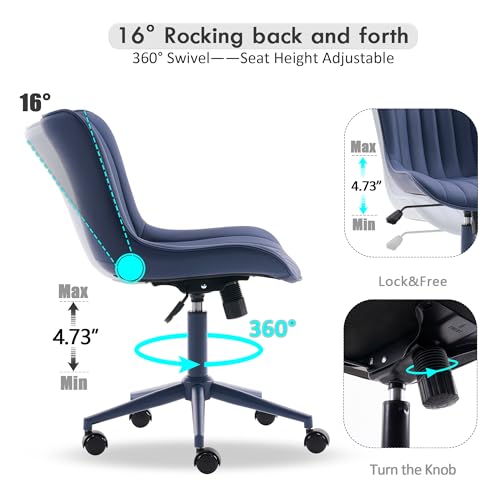 YOUNIKE Office Desk Chair with Wheels Armless Vanity Chair Modern Navy Blue | Faux Leather Upholstered with Rocking Back, Swivel Height Adjustable, Small Cute Computer Rolling Task Chair Ergonomic - color: All Navy Blue, size: Base Same Color
