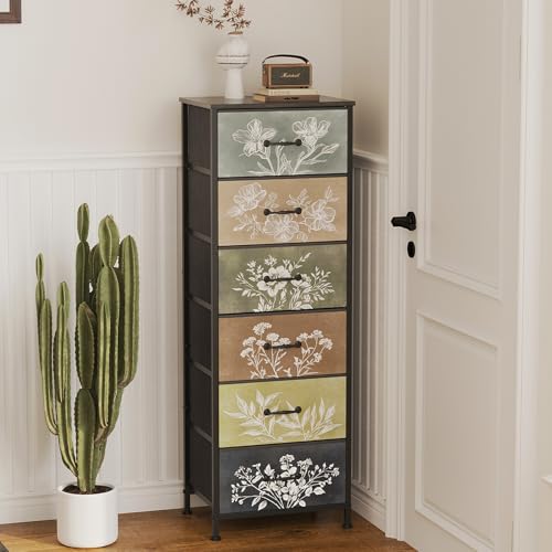 Vintage Dresser Vertical Nightstand with Neutral Botanical Plant Fabric Chest Drawers for Closet Bathroom Storage Tower Unit Bed Side Organizer Farmhouse Rustic (Multi, 6 Drawers) - size: 11.8"D x 15.8"W x 45.9"H (6 Drawers)