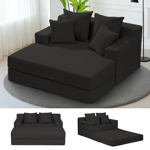 cidludto Convertible Futon Sofa Bed with Ottoman, 5 in 1 Folding Couch Bed Loveseat, Corduroy Boneless Couch with Deep Seat for Living Room Chaise Lounge Chair Indoor, No Assembly Required, Black - color: Black, size: Sofa Bed-55''