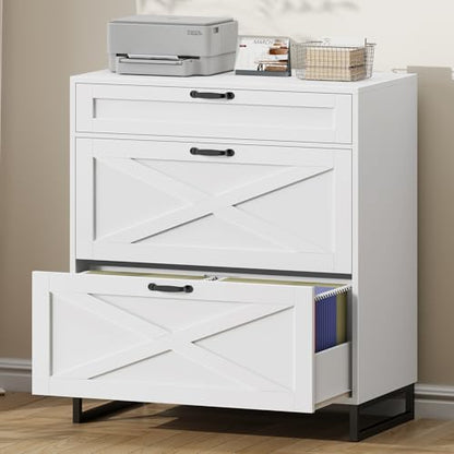 Lateral File Cabinet, Farmhouse File Cabinet with 3 Drawers, Office White | Modern Farmhouse File Cabinet for Legal/Letter/A4 Size Hanging Files, Printer Stand Large Wood Home Office Cabinet - color: Office White