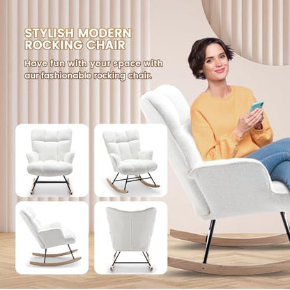 Rocking Chair Nursery Teddy Upholstered Glider Rocker Rocking Accent Chair Padded Seat with High Backrest Armchair Comfy Side Chair for Living Room Bedroom Offices (White Teddy) - color: White