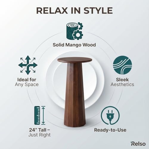 Relso Enteka Solid Mango Wood End Table – 24" Tall Accent Side Table with Walnut Finish | Handcrafted Coffee Table, No Assembly Required | Perfect for Modern Living Rooms, Farmhouses, Small Spaces - color: Enteka Walnut