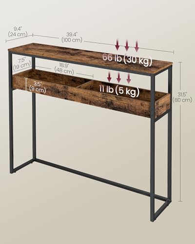 VASAGLE 39.4 Inches Console Table, Narrow Sofa Table, 2-Tier | Easy Assembly, Semi-Open Compartments, Entryway Table for Living Room, Bedroom, Rustic Brown and Ink Black ULNT091K01 - color: Rustic Brown + Ink Black, size: 9.4"D x 39.4"W x 31.5"H