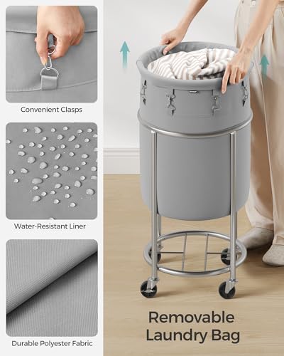 SONGMICS 18.5-Gallon (70 L) Laundry Basket with Wheels, Rolling Round Heavy-Duty Laundry Hamper Cart with Steel Frame and Removable Bag, 2 Locking Wheels, Gray and Metallic Silver URLS006G01 - color: Gray + Metallic Silver, size: 70 L (1-Section)