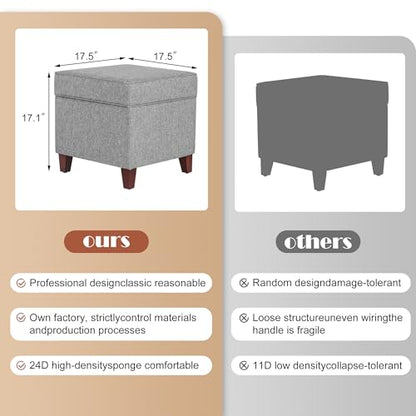 Linen Storage Ottoman with Wooden Legs, 17" Square Upholstered Flip-Top Footrest Stool, Extra Seat or Coffee Table for Living Room, Bedroom, Entryway, Grey - color: Grey