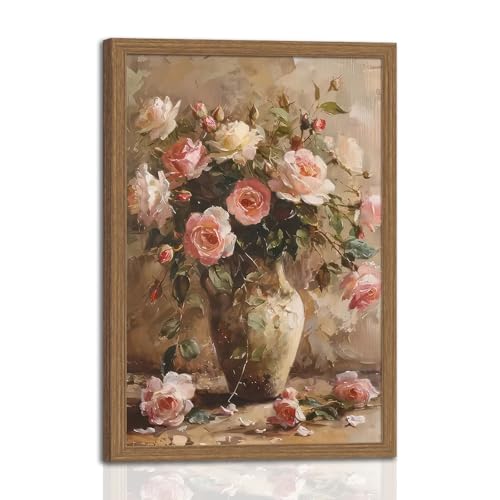 Framed Vintage Pink roses Vase Flower Canvas Wall Art French Country Floral in Canvas Prints Oil Painting Rustic Decor for Bedroom Living Room Dining room gallery Can be hung directly 12x16in - color: Floral in Vase, size: 12x16 Inches