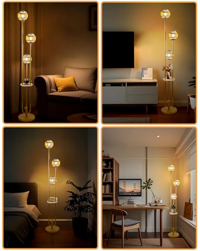Globe Glass Floor Lamp with Table, Gold Tall Standing Lamps Dimmable, 3000K Warmwhite Mid Century Modern Floor Lamp with 5Lbs Heavy Base for Living Room/Bedroom - color: 3 Globe Glass-Gold