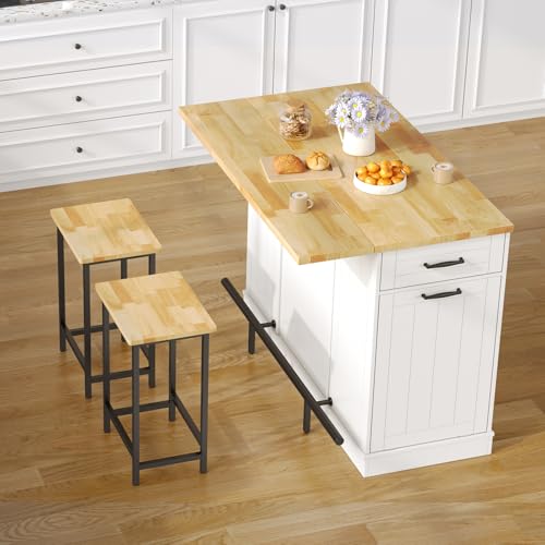 47" Kitchen Island with Seating, Stationary Island Table with Storage Include 2 Chairs, Kitchen Islands with Drop Leaf, Dining Table with Trash Cabinet & Power Outlet & Spice Rack, White - color: White