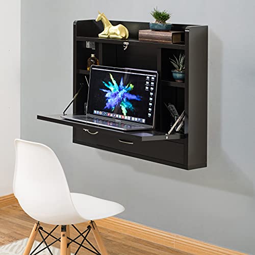 Wall Mounted Folding Desk - Space Saving Fold Down Desk with Storage Shelves and Drawer, Convertible Floating Laptop Table for Small Spaces, Home Office, 23.75 x 6.75 x 23 in, Black - color: Black