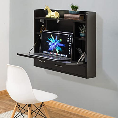 Wall Mounted Folding Desk - Space Saving Fold Down Desk with Storage Shelves and Drawer, Convertible Floating Laptop Table for Small Spaces, Home Office, 23.75 x 6.75 x 23 in, Black - color: Black