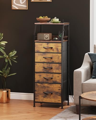 WLIVE LED Nightstand with Charging Station, Fabric Dresser with 5 Drawers for Bedroom, Tall Night Stand with Open Shelves, Bed Side Tables Living Room, Rustic Brown - color: Rustic Brown Wood Grain Print, size: 5 Drawers