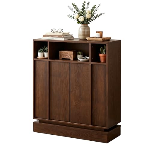 31.7’’ Mid Century Modern Accent Sideboard Storage Cabinet, Walnut | 11.9’’D Slim Credenza, 2 Doors, 3 Open Cubbies, Adjustable Shelf, for Narrow Entryway, Hallway, Living Room & Dining - color: Walnut, size: 1 PCS