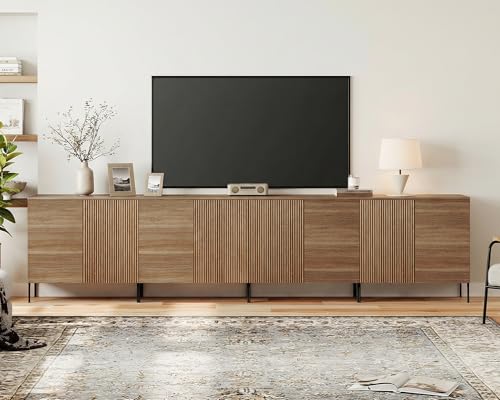WAMPAT 4 in 1 Modern TV Stand TVs up to 120 inches, Fluted 126" W Entertainment Center with 8 Doors Storage and Adjustable Shelves, Wood Media TV Consoles Table with Storage for Living Room, Walnut - color: Walnut, size: 126" W