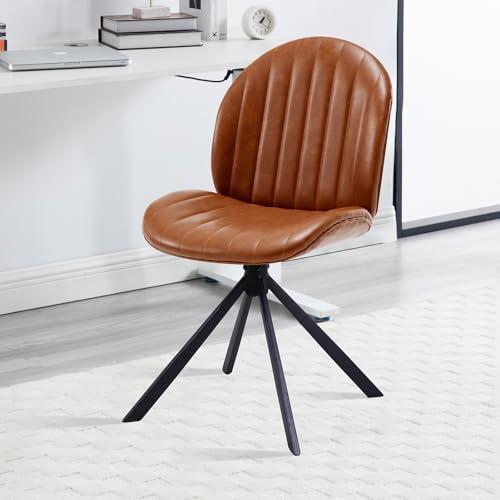 PU Leather Swivel Office Chair No Wheels, Small Comfy Mid Century Armless Desk Chair, Cute Swivel Vanity Chairs No Wheels for Small Spaces, Bedroom,Living Room,Home Office, Brown - color: Brown-pu