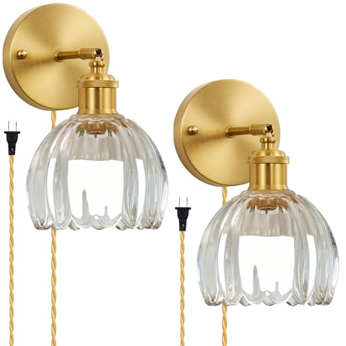 Plug in Wall Sconces Set of 2, Vintage Wall Lamp with 6.5FT Plug in Cord Clear Tulip Glass Shade Decor Indoor, Gold Wall Light for Bedroom Bedside Kids Living Room Bathroom - color: Clear