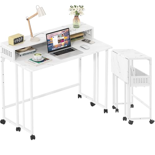 31.5" Folding Desk with Storage Shelf, Small Rolling Desk, White Marble | Mobile Sofa Side Table for Home Office Small Space, with Lockable Wheels, Double Cable Management Hole, Portable - color: White Marble, size: 31 inches
