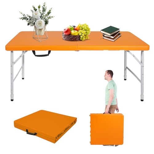 Portable 4Ft Folding Table, Heavy Duty Plastic Fold-in-Half Utility Foldable Table Small, Adjustable Height Plastic Folding Table with Carrying Handle for Camping &Party Indoor/Outdoor(Orange) - color: Orange, size: 4Ft