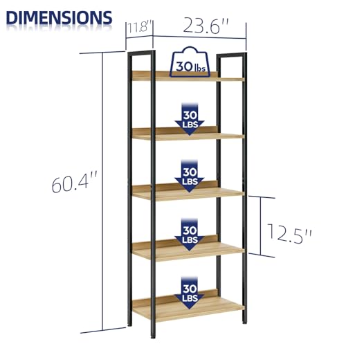 NUMENN Bookshelf, 5 Tier Bookshelves, Home Office Bookcase Shelf Storage Organizer, Free Standing Storage Shelving Unit for Bedroom, Living Room and Home Office, Natural | Metal Frame & Wood Shelves, Falling Prevention Baffle, Open Storage Bookcase for Be