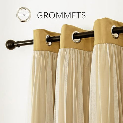 INLINAS Blackout Curtains with Sheer Overlay, Gold, 52x108 Inches | Grommet Top Double Layer Curtains for Bedroom and Living Room Thermal Reduction Light Blocking and Energy Saving, Set of 2 - color: Gold, size: 52"W x 108"L (Pack of 2)