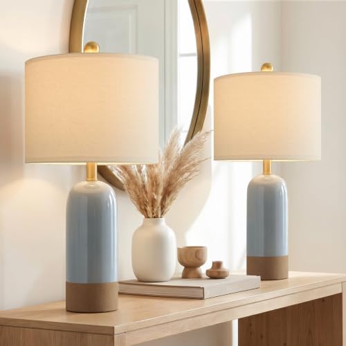 PoKat 24'' Farmhouse Blue Table Lamps Set of 2 for Living Room, Two-Tones | Ceramic Bedside Lamps for Bedroom, Hand-Textured Design, Kiln Variation Glaze, Coastal Lamps for Nightstand, Hallway,Entryway - color: Blue Reactive Glaze