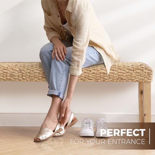 Indoor Wicker Bench 47" Solid Wood Acacia & Natural Woven Seat, Natural Leg | Living Room, Dining Bench or End of Bed Bench, Boho Rustic Farmhouse Style - color: Plait - Natural Leg & Water Hyacinth