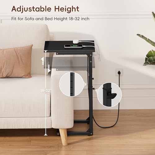 C Shaped End Table with Charging Station, 33"Tall C-Table End Table Adjustable Height Side Table for Couch, Couch Table That Slide Under Sofa Table TV Tray Table for Living Room,Bedroom,Black - color: Black, style: Charging Station