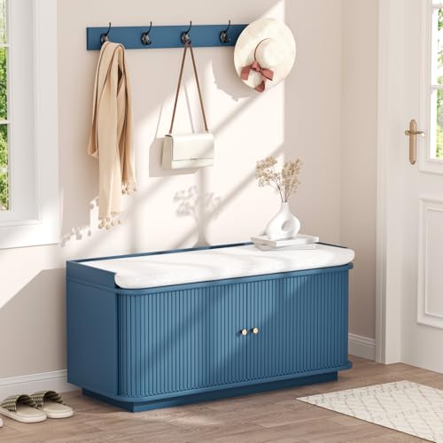 Hall Tree with Bench and Shoe Storage, Entryway Bench with Sliding Door Cabinet, Removable Padded, Metal Wall Hooks and Adjustable Storage Compartments, for Entry, Hallway, Living Room, Blue - color: Blue