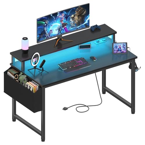 Lufeiya Black Gaming Desk with LED Lights and Power Outlets, 40 Inch Teen Writing Study Table Home Office Desks with Monitor Stand, Computer Desk with Charging Station USB Port, Black - color: Black, size: 39.4"