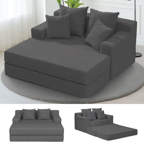 cidludto Convertible Futon Sofa Bed with Ottoman, 5 in 1 Folding Couch Bed Loveseat, Corduroy Boneless Couch with Deep Seat for Living Room Chaise Lounge Chair Indoor, No Assembly Required, Grey - color: Grey, size: Sofa Bed-55''