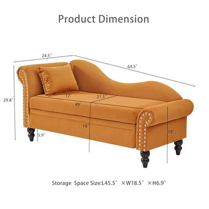 ERYE Velvet Upholstered Right Facing Chaise Lounge Chair, Blue Chaise Lounge Storage W/Nailhead Trim, Wood Legs, Classic Recliner Lounger Accent Sofa for Living Room Bedroom - color: Yolk Yellow/R